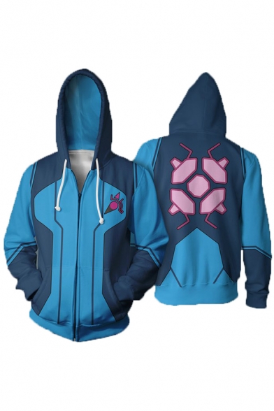 Classic Character Cosplay Costume 3D Pattern Blue Long Sleeve Zip Up Casual Hoodie