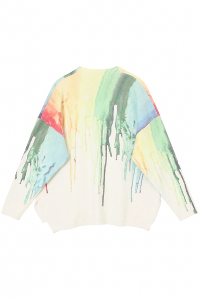 Classic Colorful Dripping Paint Long Sleeve Round Neck Oversized Pullover Sweater