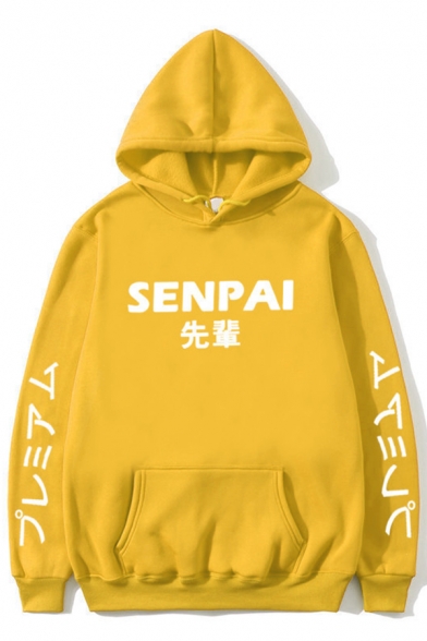 Classic Japanese Letter SENPAI Printed Long Sleeve Pouch Pocket Loose Drawstring Hoodie