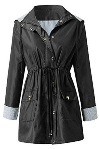 Cool Female Roll Tab Sleeve Hooded Button Zip Front Drawstring Stripe Liner Relaxed Trench Coat