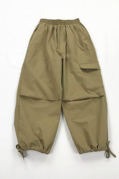 Cool Street Plain Elastic Waist Flap Pockets Drawstring Cuffed Plain Oversize Carrot Cargo Pants for Women