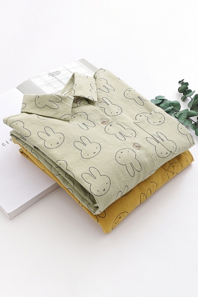 Cute Cartoon Rabbit Head Print Long Sleeve Button Up Oversized Cotton Shirt