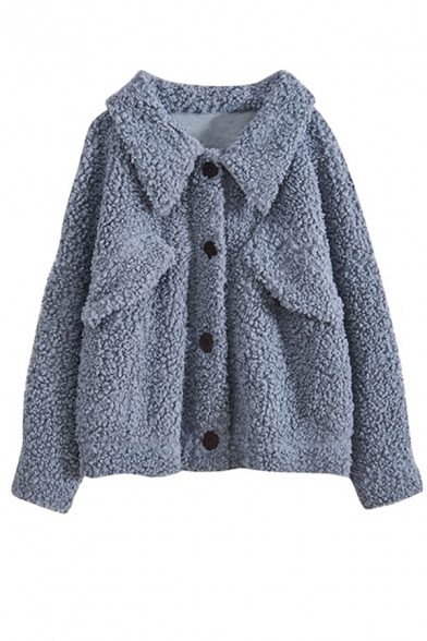 Cute Fancy Girls' Long Sleeve Lapel Collar Button Down Flap Pockets Sherpa Fleece Plain Relaxed Coat