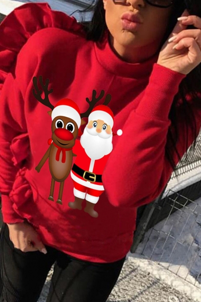 Cute Girls' Long Sleeve Crew Neck Santa Claus and Reindeer Pattern Ruffle Trim Relaxed Fit Christmas Sweatshirt in Red