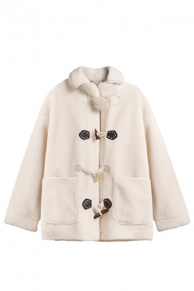 Cute White Long Sleeve Lapel Collar Pompom Decoration Pockets Side Sherpa Liner Boxy Duffle Coat for Girls