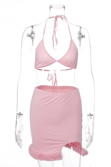 Edgy Girls Plain Halter Neck Triangle Bikini Top with Plush Panel Split Hem Mini Skirt Co-ords