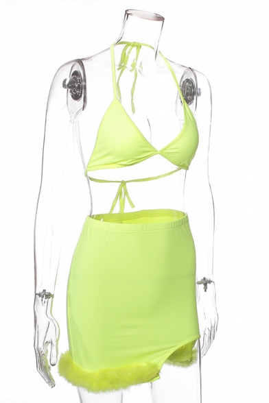 Edgy Girls Plain Halter Neck Triangle Bikini Top with Plush Panel Split Hem Mini Skirt Co-ords