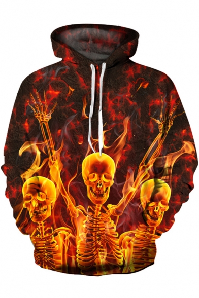 Fancy Fire Skull 3D Printed Long Sleeves Relaxed Loose Orange Pullover Hoodie