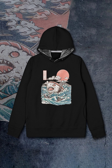 Fancy Sushi Shark and Sea Wave Printed Long Sleeves Unisex Drawstring Hoodie