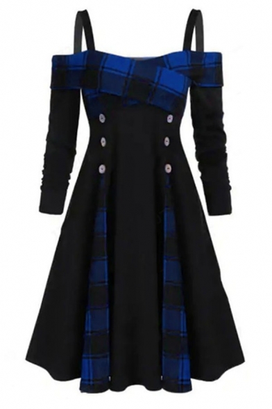 Fancy Trendy Girls' Long Sleeve Cold Shoulder Plaid Print Patched Button Front Crisscross Midi Pleated Flared A-Line Dress