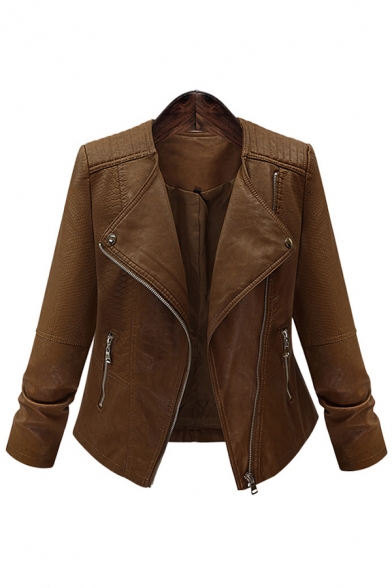 Fashion Street Ladies' Long Sleeve Peak Collar Zipper Front Slim Fit Leather Jacket