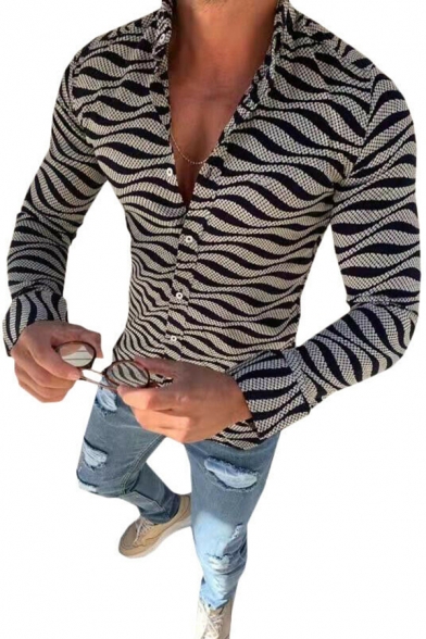 Fashion Wavy Line Grid Pattern Long Sleeve Button Closure Black and White Fitted Shirt