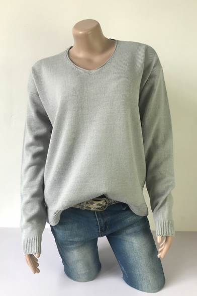 Female Casual Long Sleeve V-Neck Plain Relaxed Fit Knit Pullover Sweater Top
