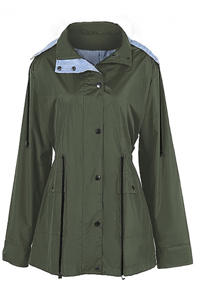 Female Cool Casual Long Sleeve Hooded Button Down Drawstring Flap Pockets Stripe Printed Liner Midi Relaxed Plain Windbreaker Jacket