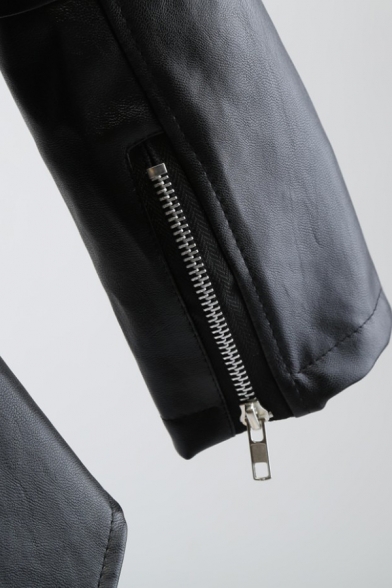 Female Trendy Cool Long Sleeve Notch Collar Zipper Decoration Curved Hem Leather Jacket In Black