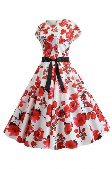 Formal White Short Sleeve Crew Neck Bow Tie Waist All Over Floral Zip Back Midi Pleated Swing Dress for Girls