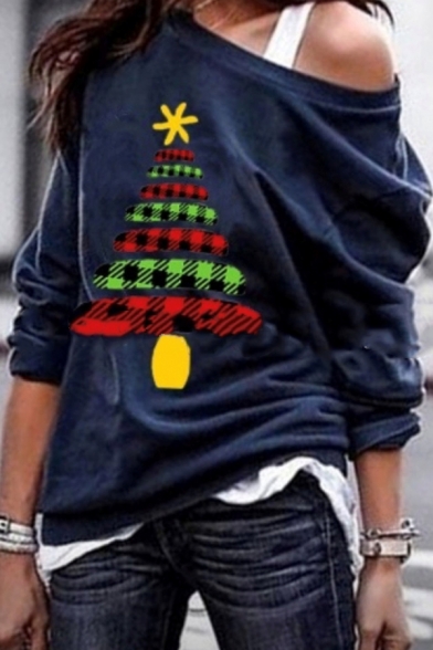 Girls' Cool Christmas Long Sleeve Drop Shoulder Christmas Tree Printed Relaxed Pullover Sweatshirt