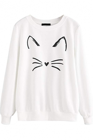 Girls' Cute Long Sleeve Crew Neck Kitty Print Loose Fit Daily Pullover Sweatshirt