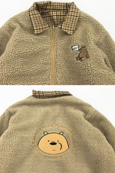 Girls Cute Thick Long Sleeve Lapel Collar Zipper Front Bear Print Plaid Pattern Reversible Oversize Crop Teddy Jacket in Khaki