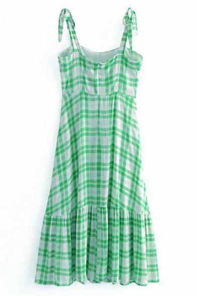 Girls' Summer Fancy Sleeveless Bow Tie Strap Plaid Pattern Button Front Pleated Patched Relaxed A-Line Dress in Green