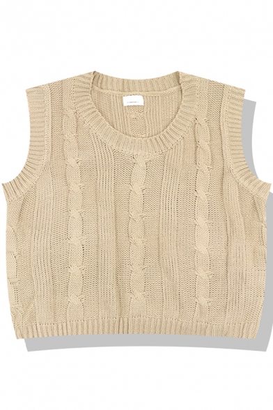 Girls' Trendy Sleeveless Crew Neck Cable Knit Loose Fit Sweater Vest in Apricot