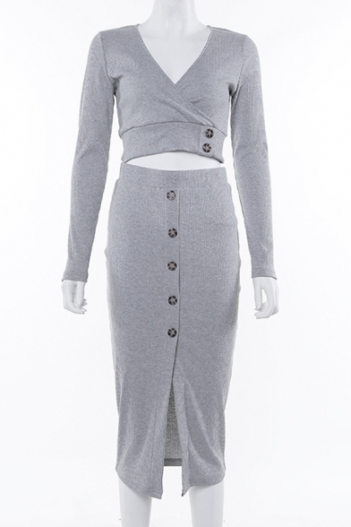Graceful Long Sleeve V-Neck Crop Top with Button Decoration Split Front Midi Skirt Gray Co-ords