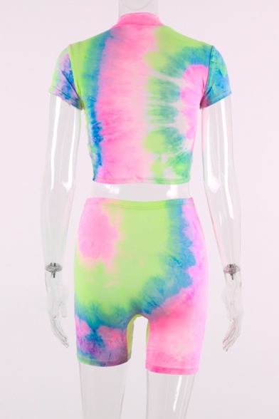 Ladies Sexy Tie-Dye Print Short Sleeve High Neck Slim Cropped T-Shirt & Shorts Casual Co-ords