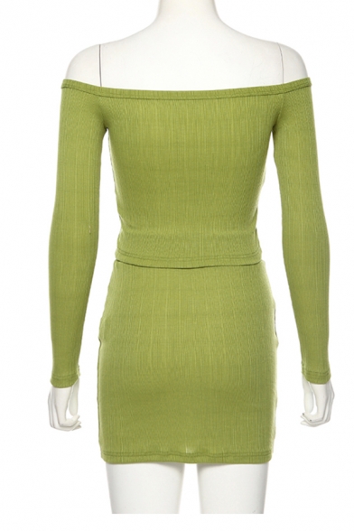 Ladies Vintage Plain Green Long Sleeve Off Shoulder Button Up Top with Mini Skirt Co-ords