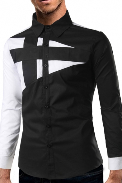 Leisure Men's Colorblock Geometric Pattern Long Sleeve Slim Fit Button Up Shirt