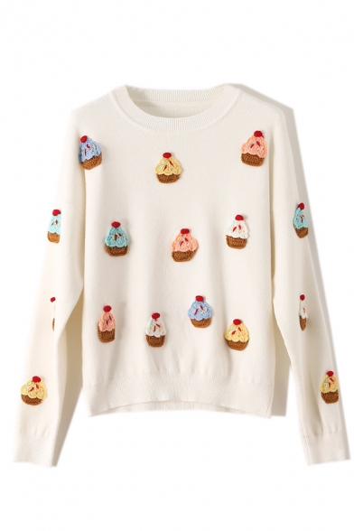 Lovely Cake Embellished Long Sleeve Round Neck Loose Fit Knitted Sweater for Preppy