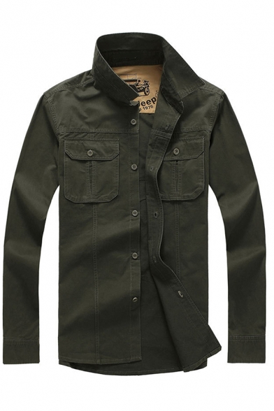 Men's Simple Style Army Green Long Sleeves Chest Pocket Button Up Military Shirt