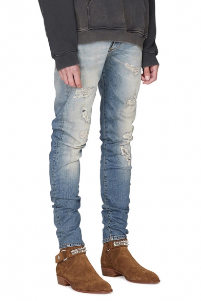 Mens Casual Ripped Shredded Jeans Stretch Fit Skinny Denim Pants