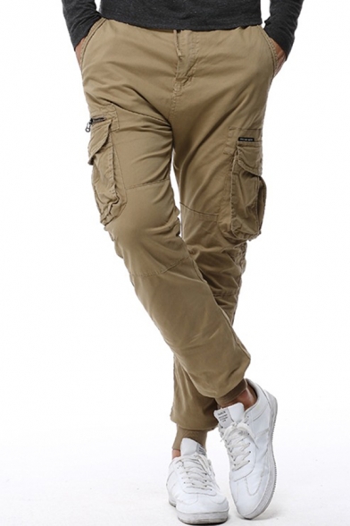 Mens Simple Drawstring Elastic Waist Solid Color Side Flap Pocket Casual Pants Cargo Pants