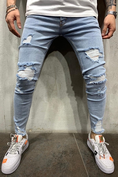 Mens Simple Light Blue Zipper Fly Ripped Frayed Skinny Jeans