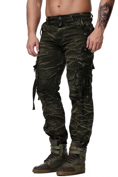 Military Style Plain Zip Fly Ribbon Decoration Loose Fit Camouflage Pants Cotton Trousers