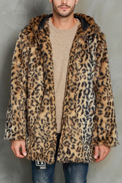 New Fashion Brown Leopard Pattern Long Sleeve Plush Fuzzy Tunic Hooded Coat