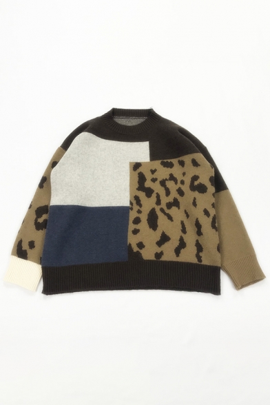 New Fashion Colorblocked Geometric Leopard Print Long Sleeve Oversized Knit Sweater