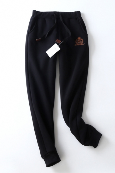 Plain Casual Drawstring Waist Embroidery Cuffed Sherpa Lined Long Tapered Sweatpants for Girls