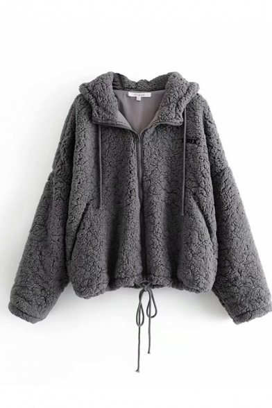 Plain Casual Long Sleeve Hooded Zipper Front Drawstring Letter PRIX Patched Sherpa Fleece Loose Coat for Women