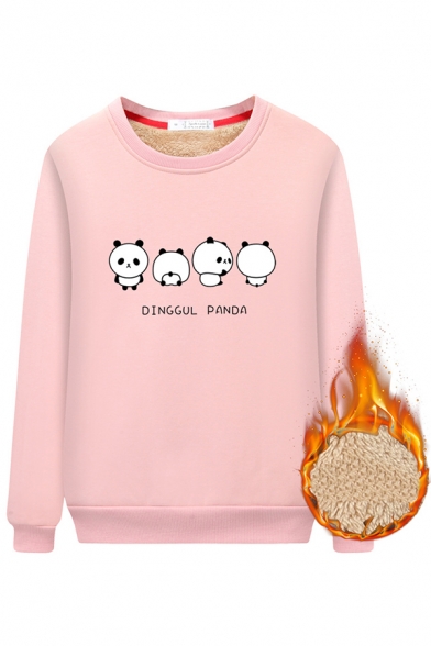 Preppy Girls' Long Sleeve Crew Neck Panda Printed Sherpa Liner Loose Pullover Sweatshirt