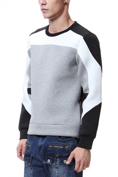 Simple Color Block Patchwork Long Sleeve Round Neck Relaxed Fit Pullover Sweatshirt