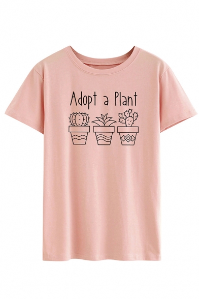 Simple Letter ADOPT A PLANT Printed Short Sleeve Crew Neck Graphic T-Shirt