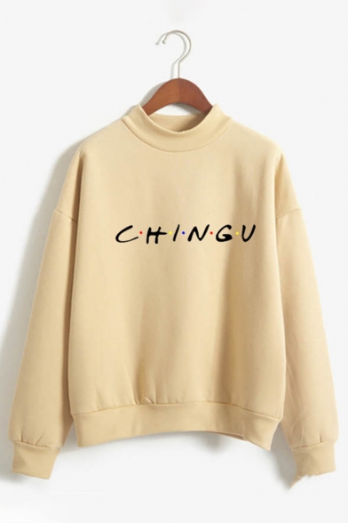 Simple Letter CHINGU Printed Long Sleeves Mock Neck Loose Fit Pullover Sweatshirt