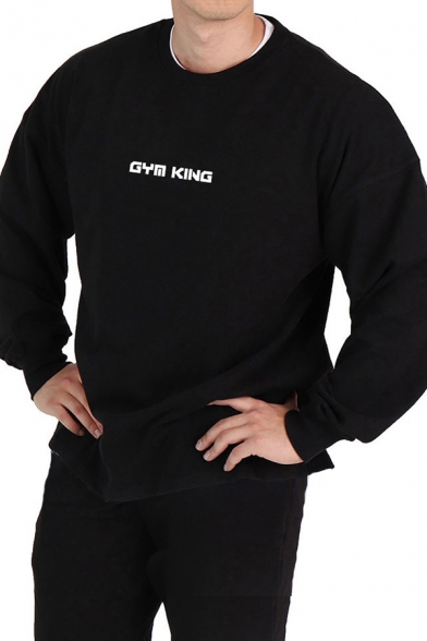 Simple Letter GYM KING Printed Long Sleeves Crewneck Loose Fit Pullover Sweatshirt