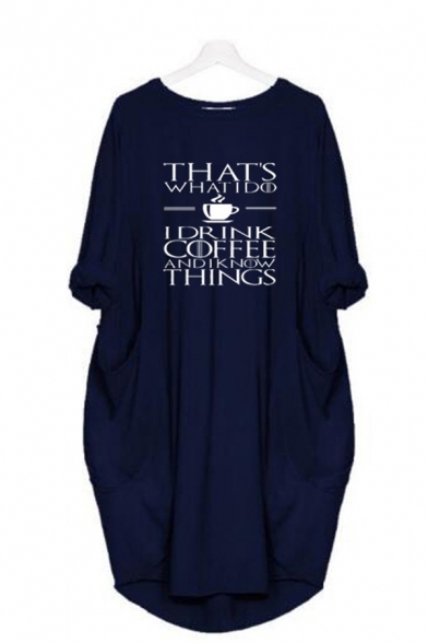 Simple Letter THAT'S WHAT I DO Coffee Printed Round Neck Loose Longline T-Shirt Midi Dress