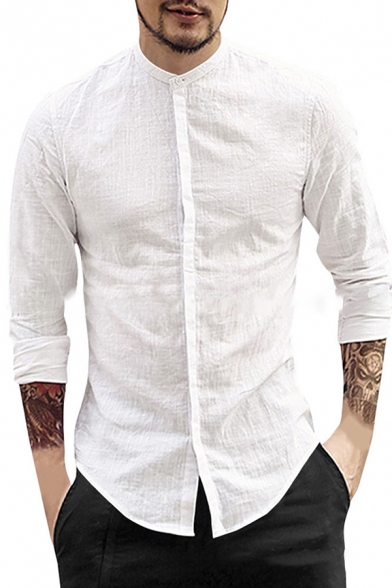 Solid Color Stand Collar Long Sleeves Button Up Relaxed Fit Linen Shirt for Men