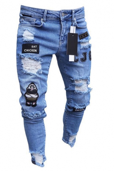 Street Fashion EAT CHICKEN Letter Applique Ripped Destroyed Skinny Fit Jeans