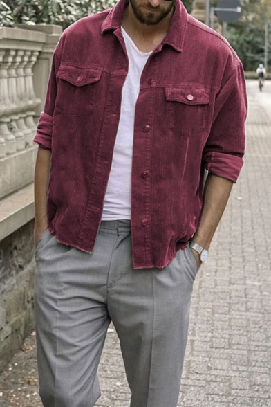 Street Style Plain Long Sleeve Button Placket Chest Pocket Corduroy Jacket for Men