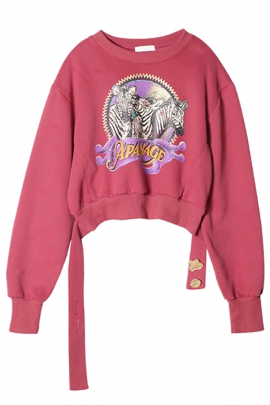 Stylish Letter APANAGE Zebra Pattern Rose Red Cropped Pullover Sweatshirt