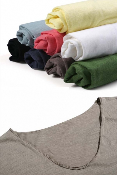 Summer Popular Solid Color Scoop Neck Short Sleeve Slub Cotton T-Shirt for Men